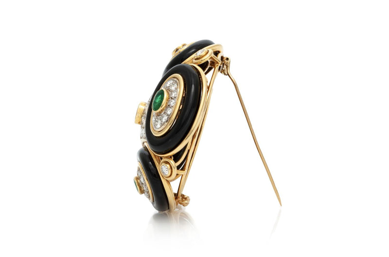 Vintage 1980s Onyx, Diamond & Emerald Brooch
