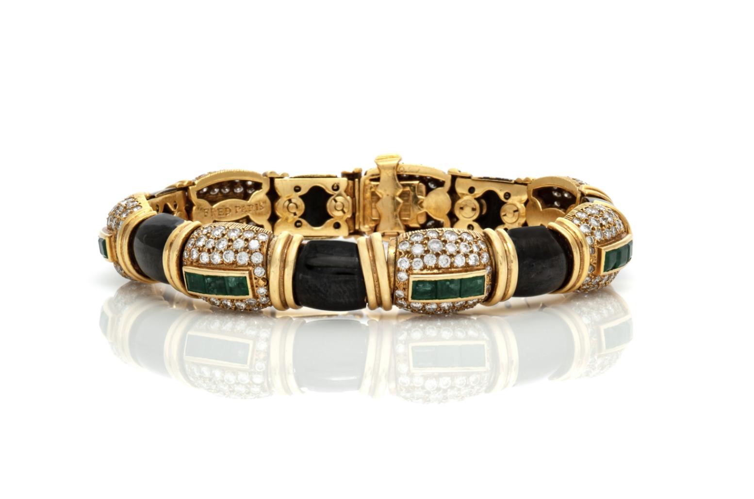 Vintage 1980s Fred Paris Enamel, Emerald & Diamond Bracelet