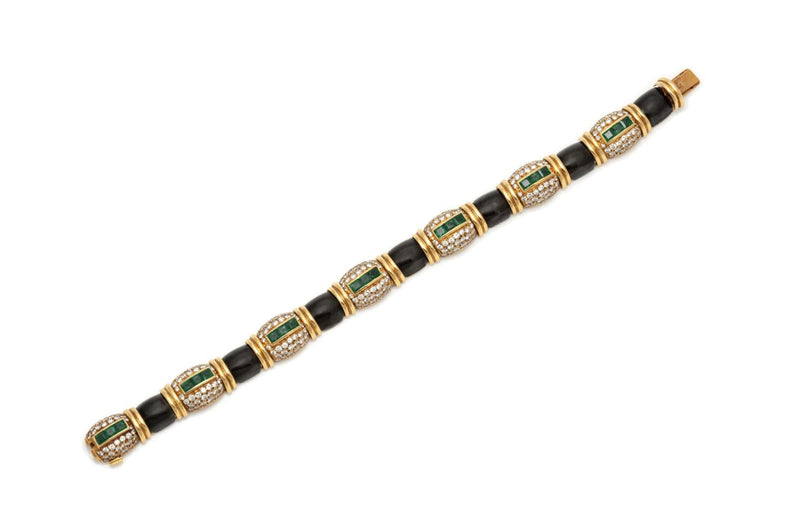 Vintage 1980s Fred Paris Enamel, Emerald & Diamond Bracelet