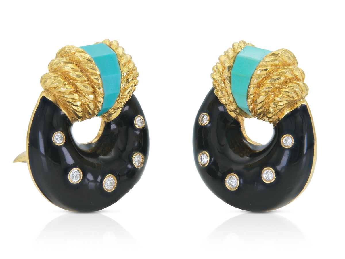 Vintage 1980s David Webb Black Enamel Earrings with Turquoise and Diamonds