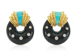 Vintage 1980s David Webb Black Enamel Earrings with Turquoise and Diamonds
