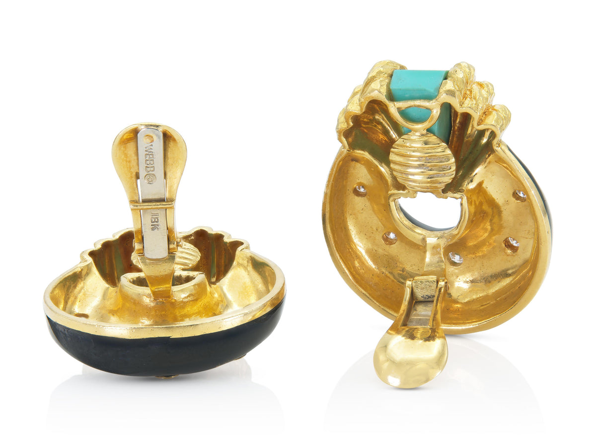 Vintage 1980s David Webb Black Enamel Earrings with Turquoise and Diamonds