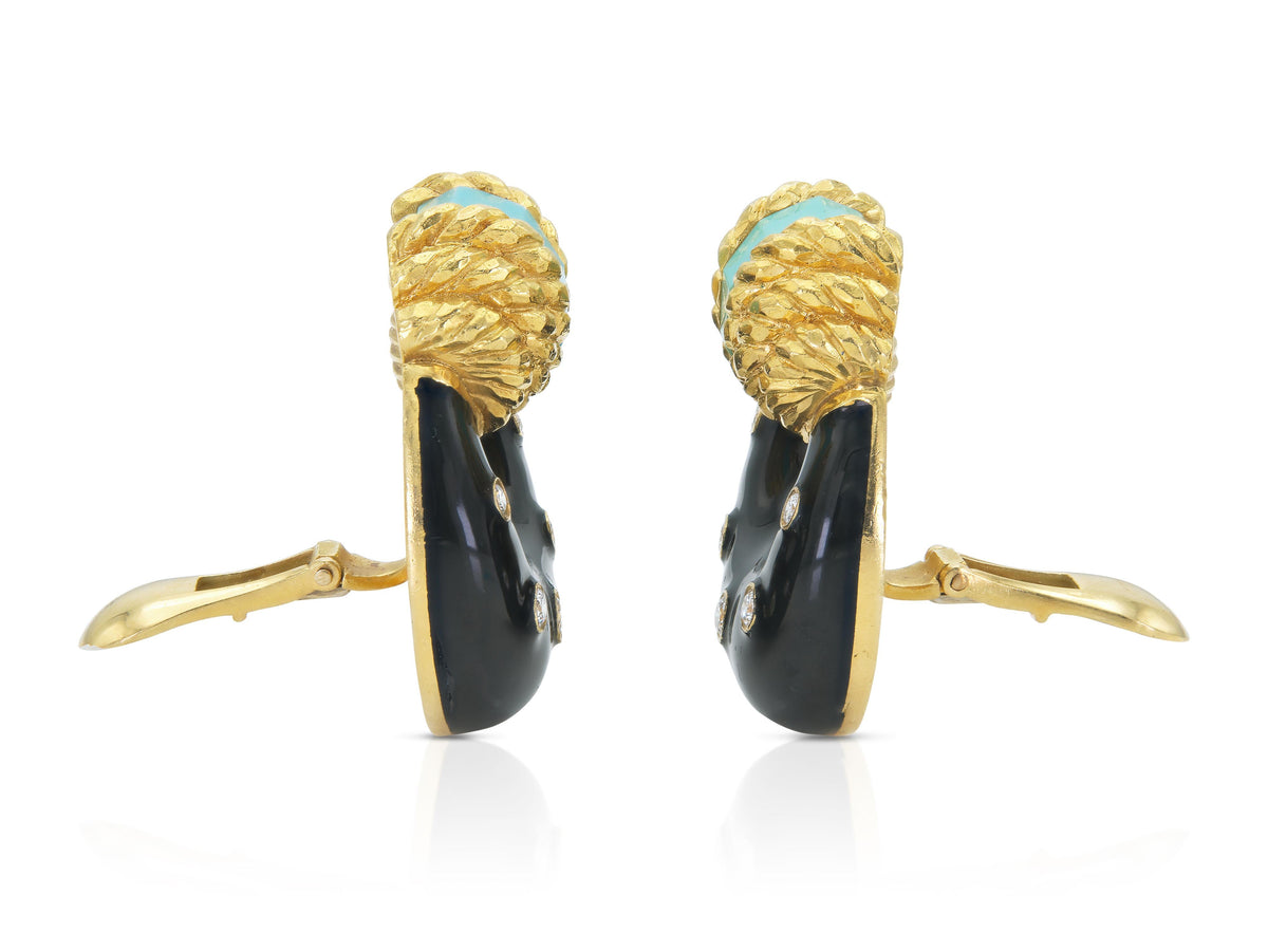 Vintage 1980s David Webb Black Enamel Earrings with Turquoise and Diamonds