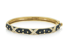 Vintage 1990s Hidalgo Black Enamel Hinged Bangle Bracelet with Diamonds