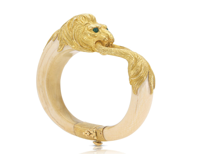 Vintage 1960s Gay Freres Gold & Bone Lion Bracelet with Emeralds