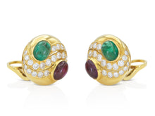 Vintage 1970s Bvlgari Cabochon Emerald and Ruby Earrings with Diamonds