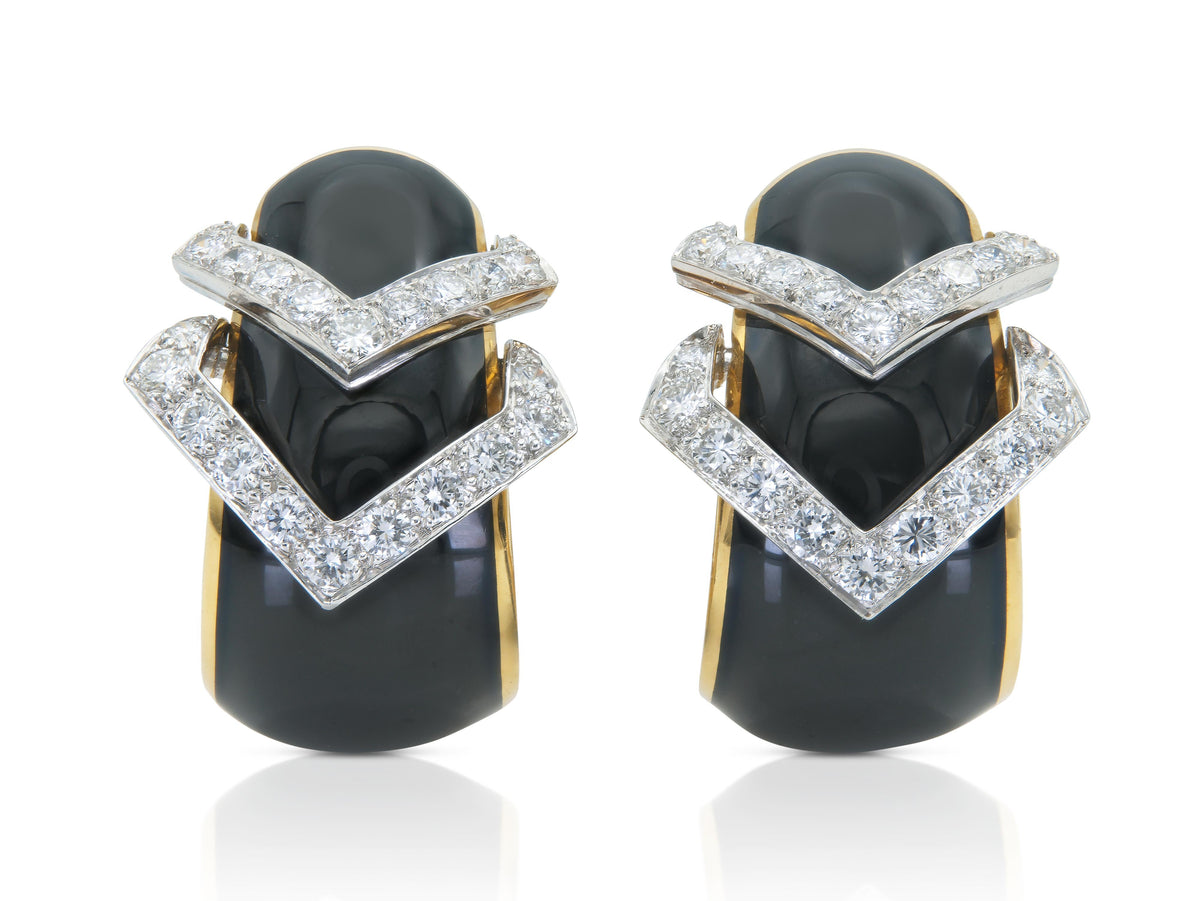 Vintage 1980s David Webb Black Enamel and Diamond Earrings