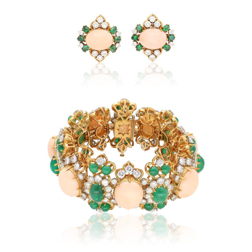 BULGARI Cabochon Coral, Emerald and Diamond Bracelet and Ear Clips Suite