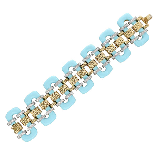 DAVID WEBB 18K Yellow Gold & Platinum, Turquoise and Diamond “Thread” Bracelet