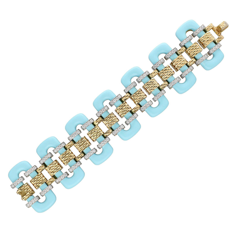 DAVID WEBB 18K Yellow Gold & Platinum, Turquoise and Diamond “Thread” Bracelet