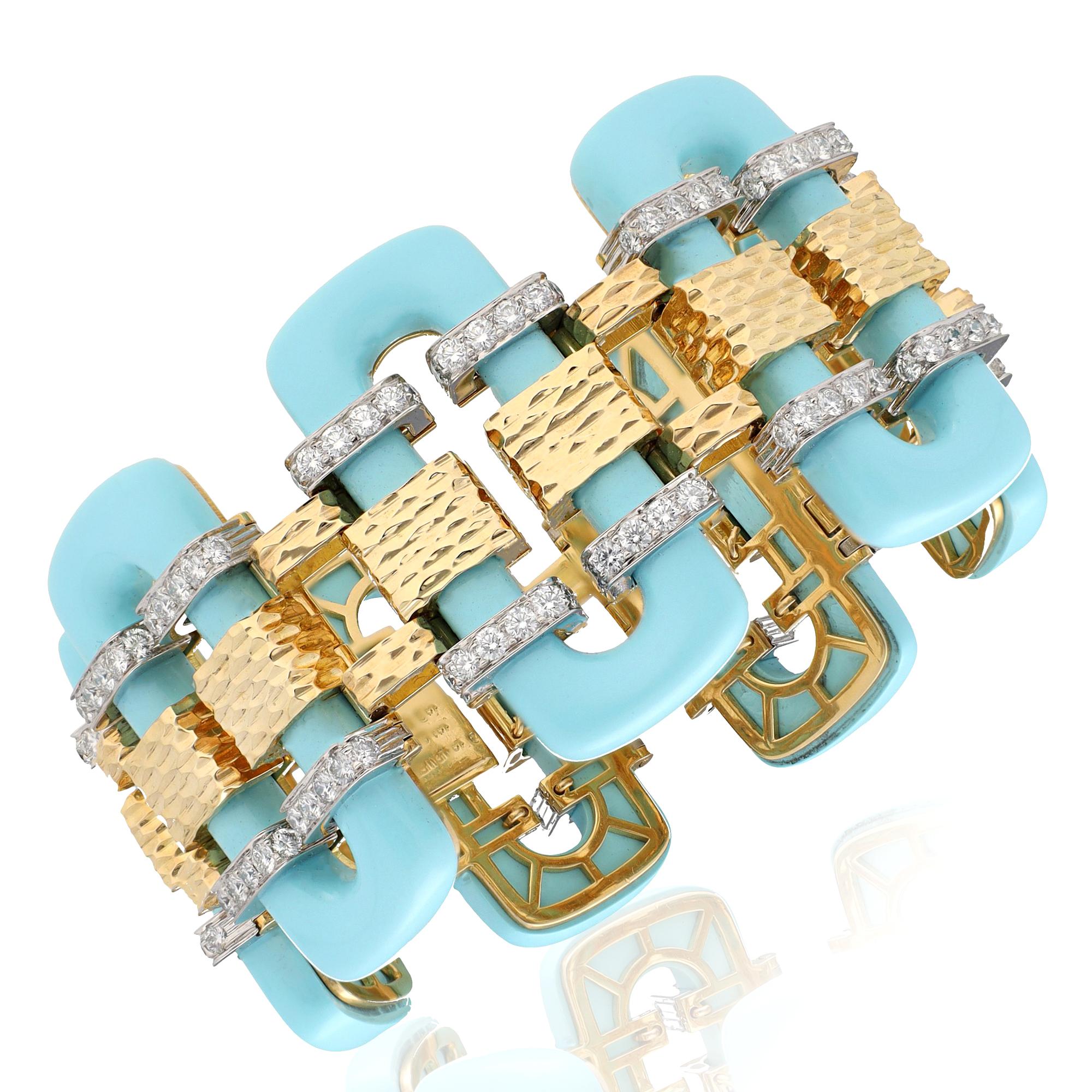 DAVID WEBB 18K Yellow Gold & Platinum, Turquoise and Diamond “Thread” Bracelet