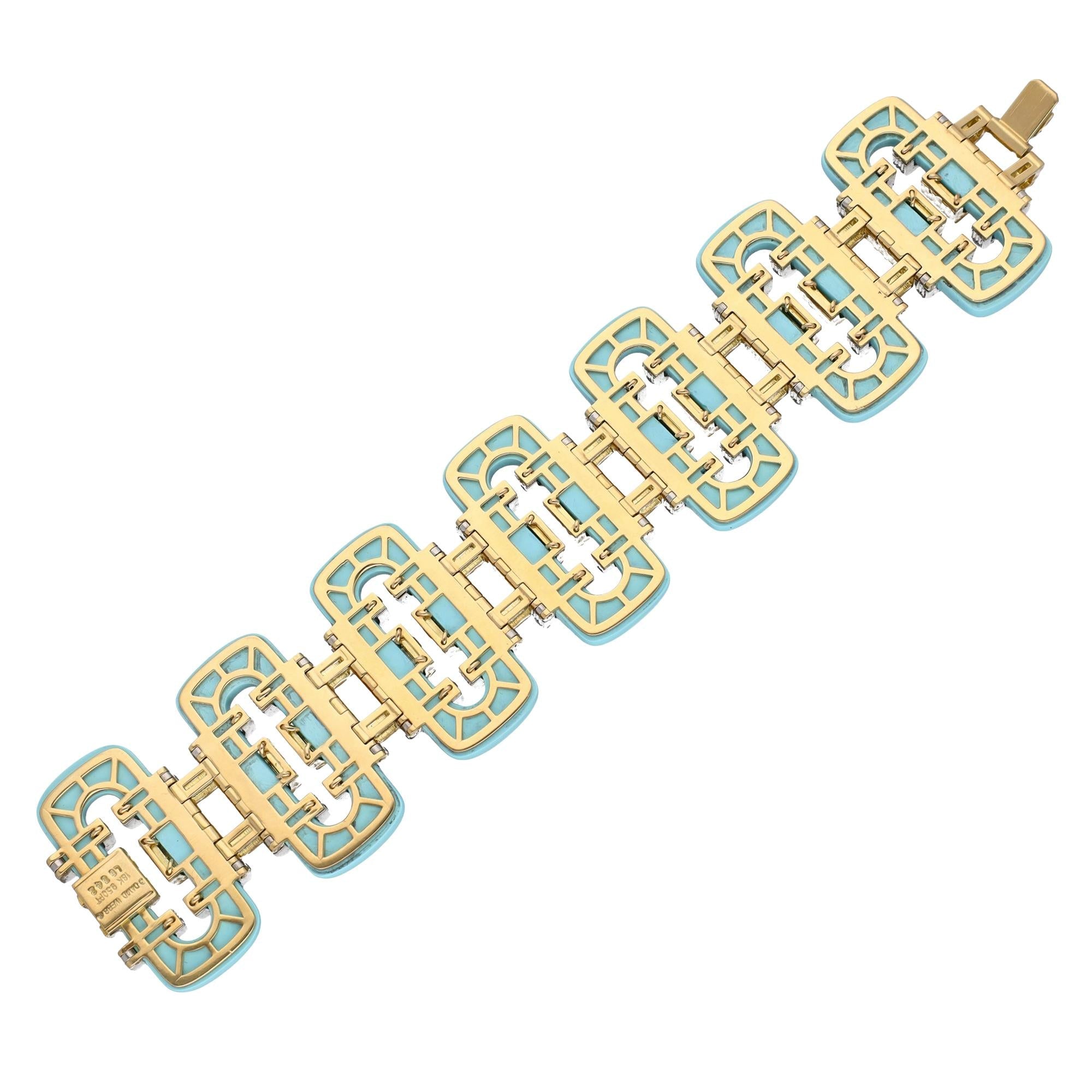 DAVID WEBB 18K Yellow Gold & Platinum, Turquoise and Diamond “Thread” Bracelet