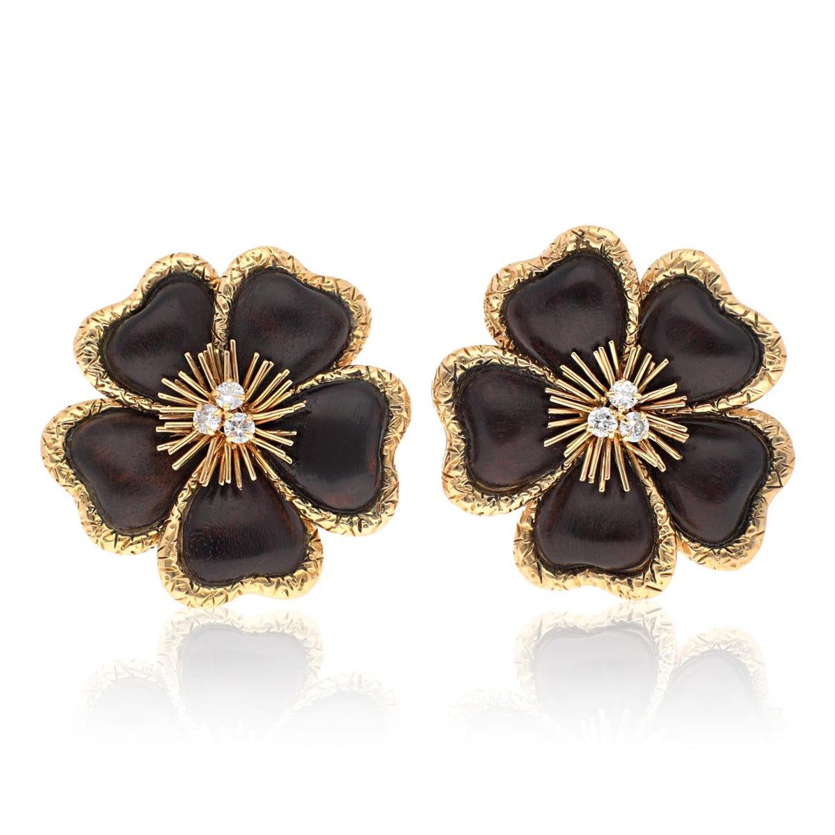 VAN CLEEF & ARPELS 18K Yellow Gold, Wood and Diamond Flower Ear Clips