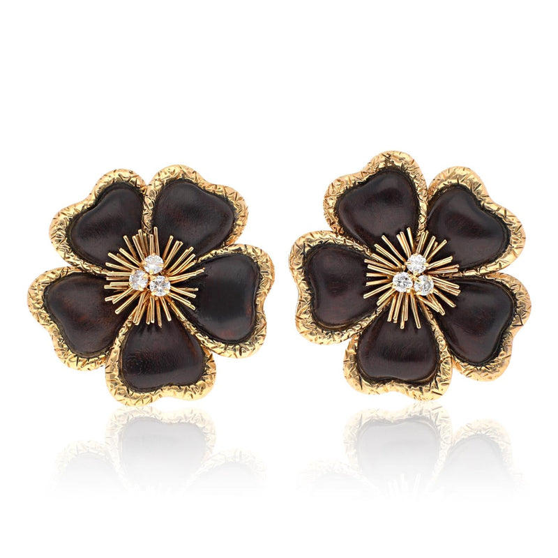 VAN CLEEF & ARPELS 18K Yellow Gold, Wood and Diamond Flower Ear Clips