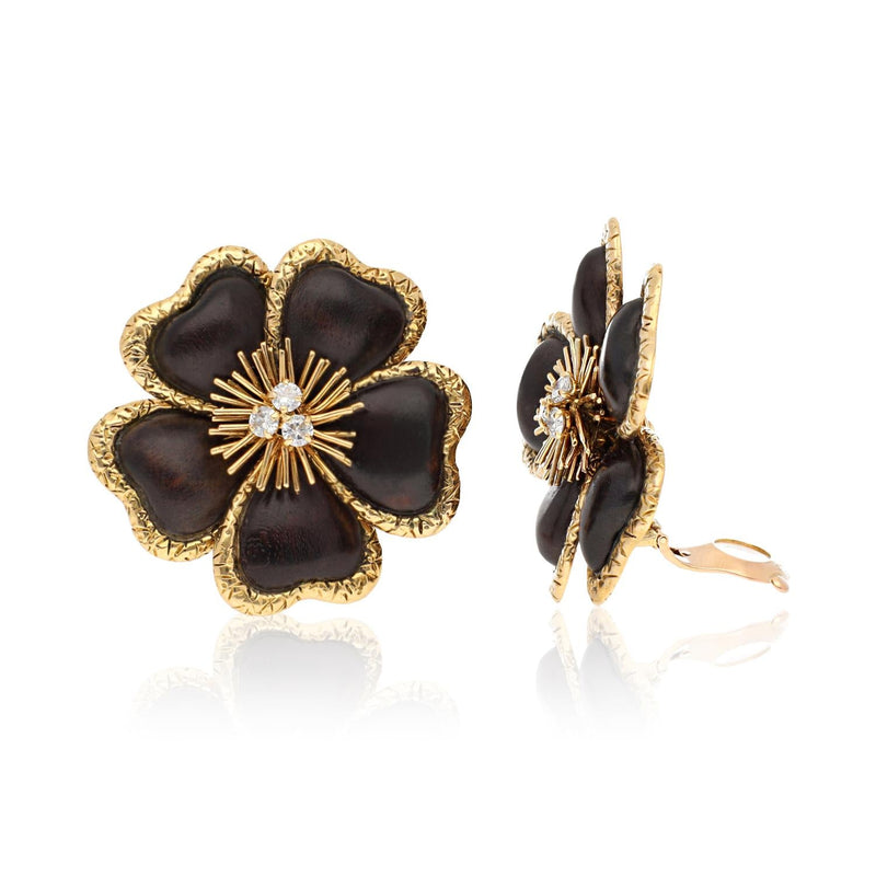 VAN CLEEF & ARPELS 18K Yellow Gold, Wood and Diamond Flower Ear Clips