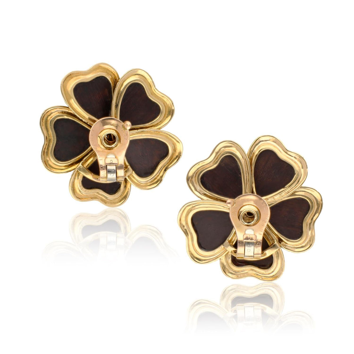 VAN CLEEF & ARPELS 18K Yellow Gold, Wood and Diamond Flower Ear Clips