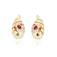 DAVID WEBB Diamond, Cabochon Ruby and White Enamel Coiled Snake Ear Clips