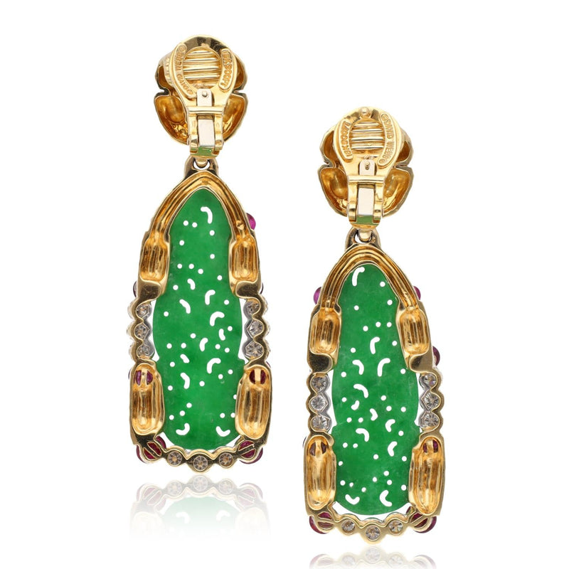 DAVID WEBB Carved Jade, Ruby and Diamond Ear Clips
