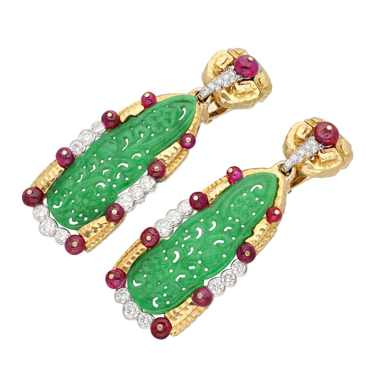 DAVID WEBB Carved Jade, Ruby and Diamond Ear Clips