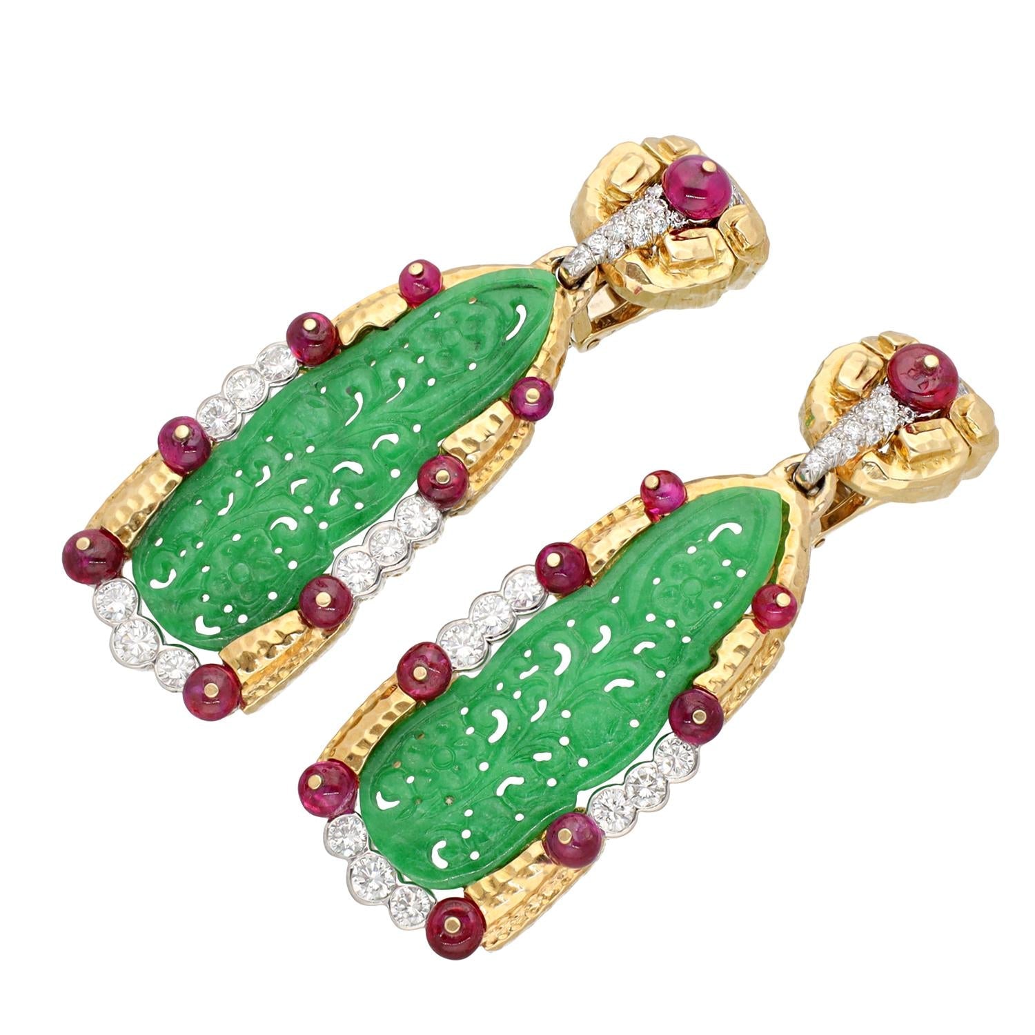 DAVID WEBB Carved Jade, Ruby and Diamond Ear Clips