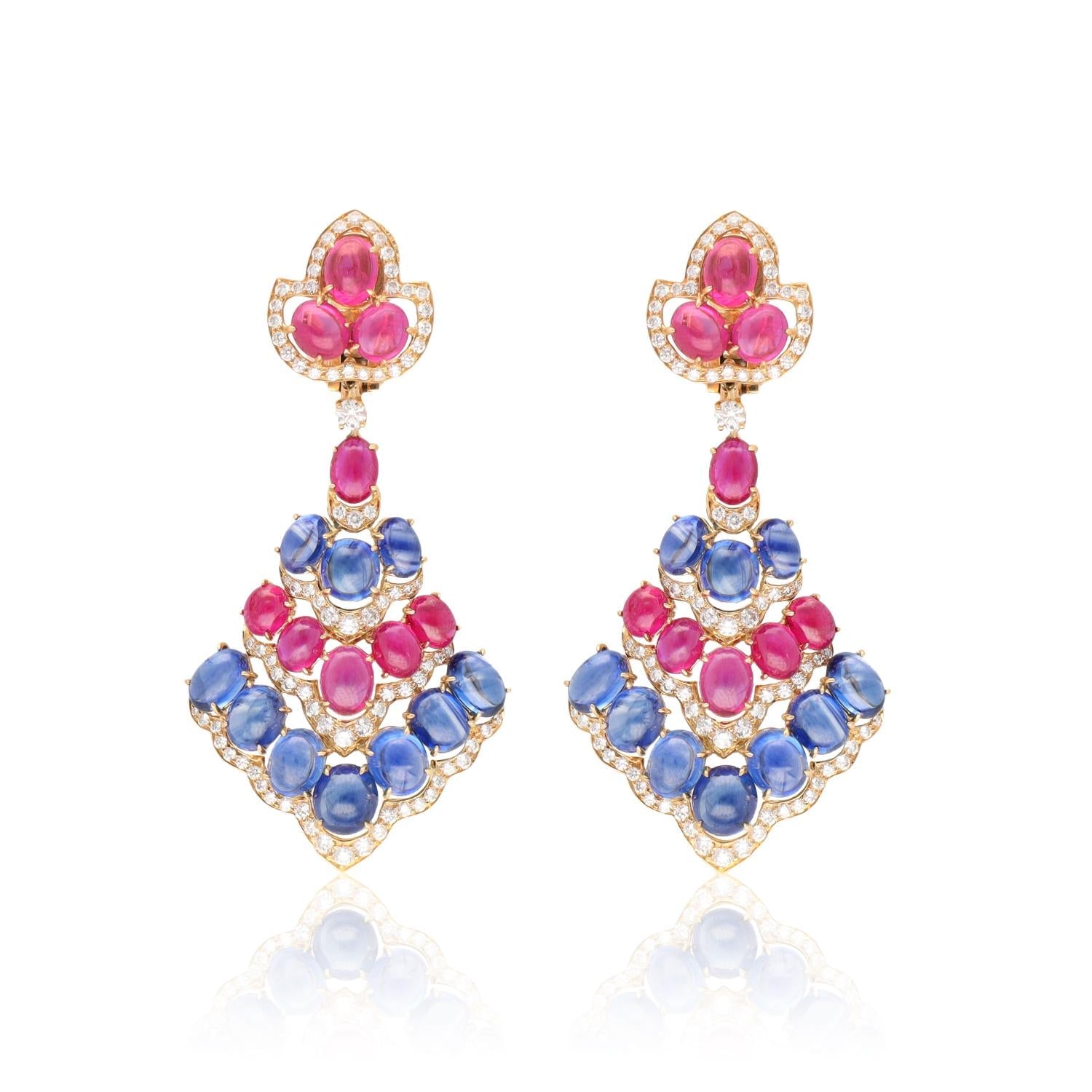 BULGARI cabochon Ruby, Sapphire and Diamond Ear Clips