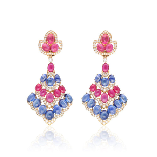BULGARI cabochon Ruby, Sapphire and Diamond Ear Clips