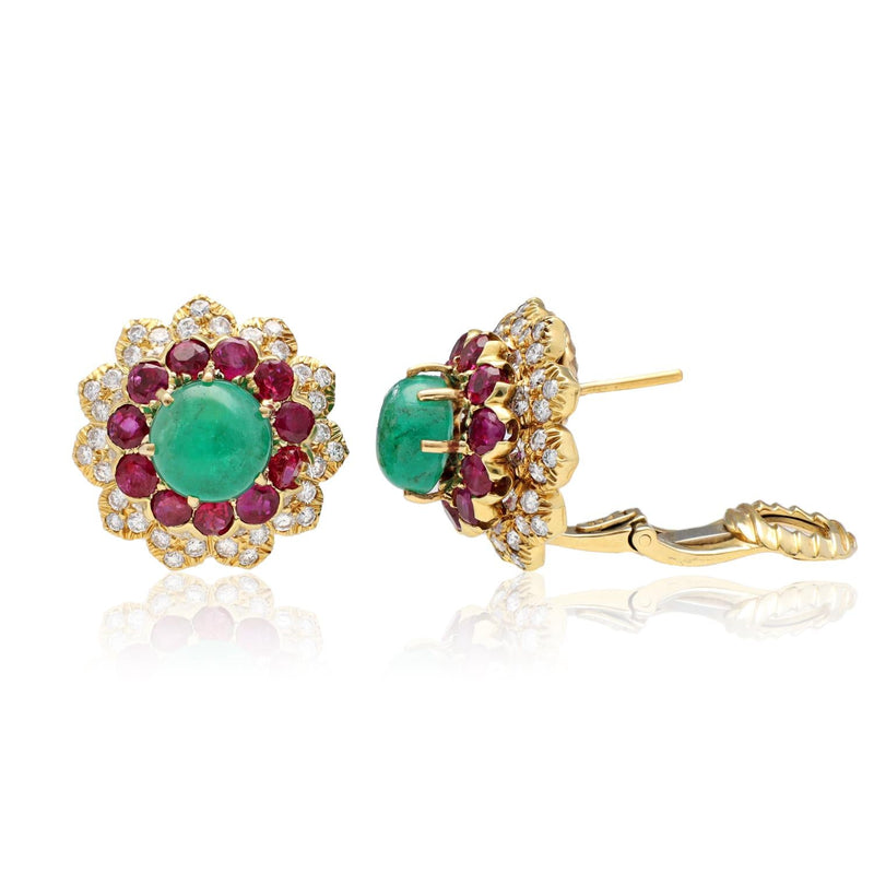 DAVID WEBB Cabochon Emerald and Ruby Ear Clips