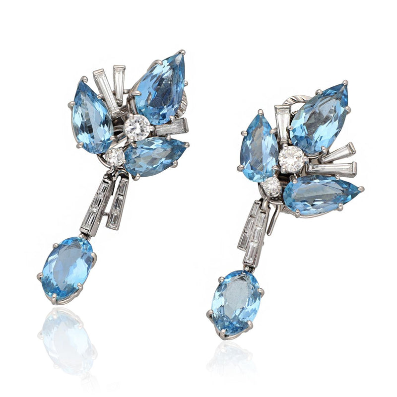 CARTIER LONDON Platinum Diamond and Aquamarine “Leaf” Ear Clips