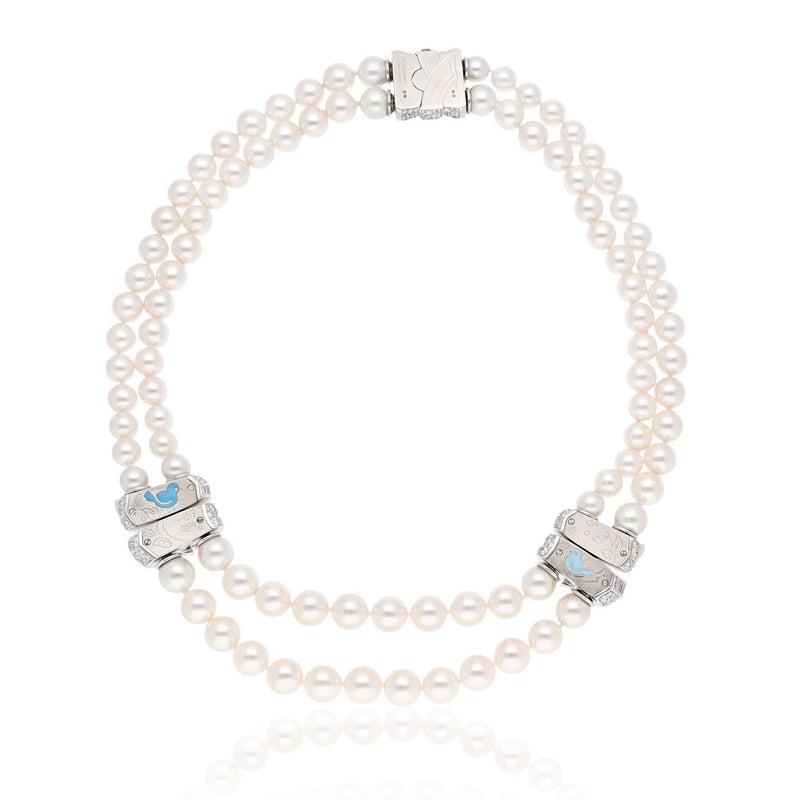 Van Cleef & Arpels 2 - Row Pearl Necklace with 3 - Diamond Barrel Clasps