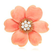 VAN CLEEF & ARPELS 18K Yellow Gold, Orange Coral and Diamond Rose de Noël Brooch