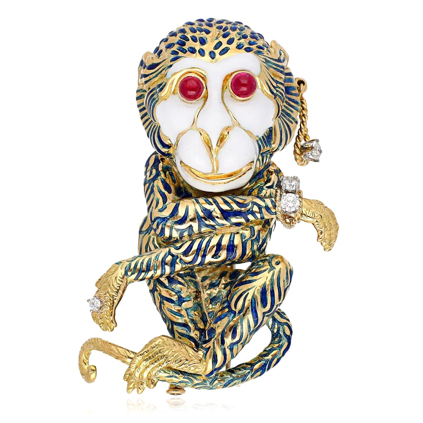 DAVID WEBB 'Gypsy' Monkey Brooch, Blue Enamel