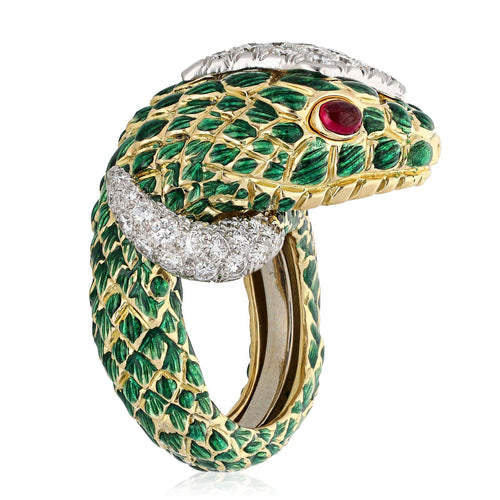 DAVID WEBB 18K Yellow Gold Platinum Green Enamel Diamond and Cabochon Ruby Snake