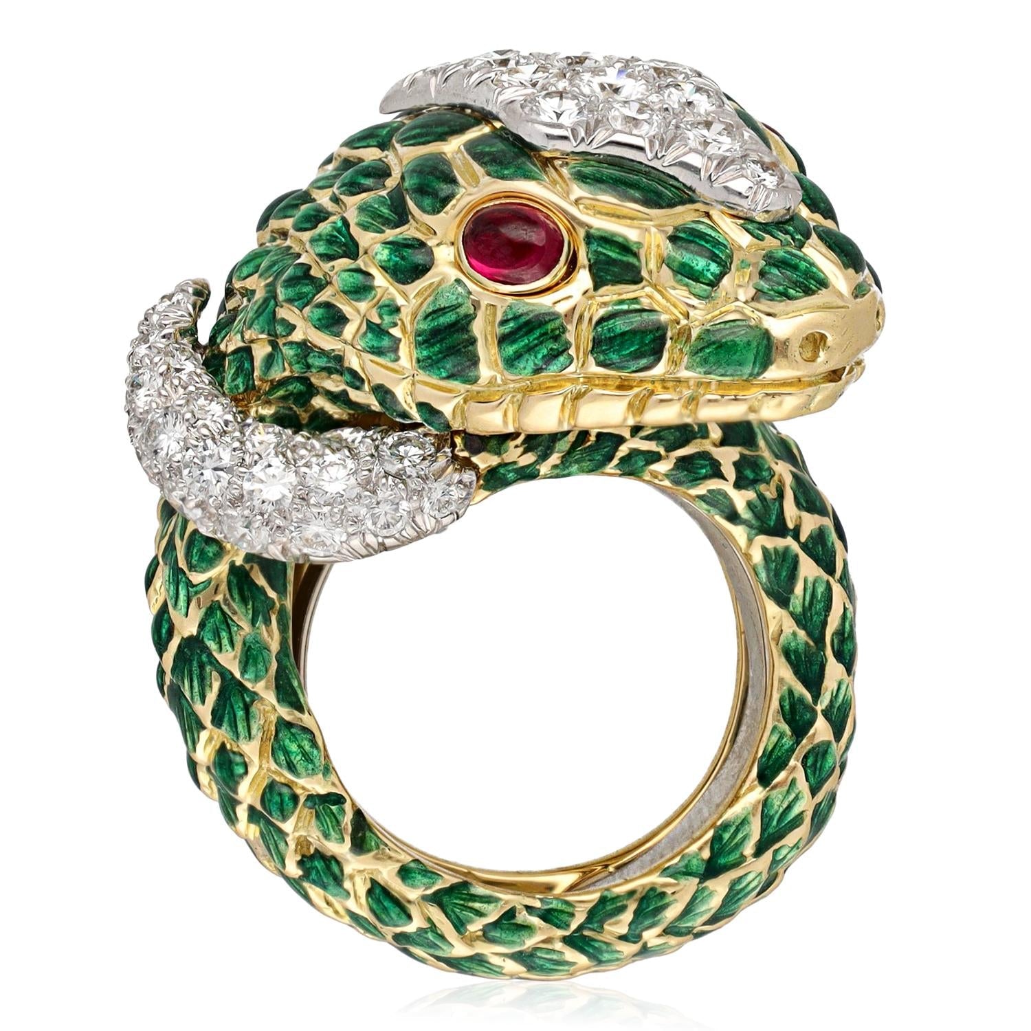 DAVID WEBB 18K Yellow Gold Platinum Green Enamel Diamond and Cabochon Ruby Snake