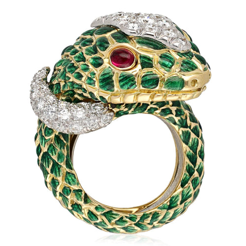 DAVID WEBB 18K Yellow Gold Platinum Green Enamel Diamond and Cabochon Ruby Snake