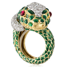 DAVID WEBB 18K Yellow Gold Platinum Green Enamel Diamond and Cabochon Ruby Snake