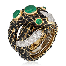 DAVID WEBB Diamond Black Enamel and Cabochon Emerald Ring