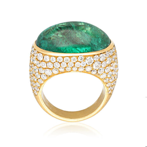BULGARI 18K Yellow Gold Cabochon Emerald and Diamond Ring