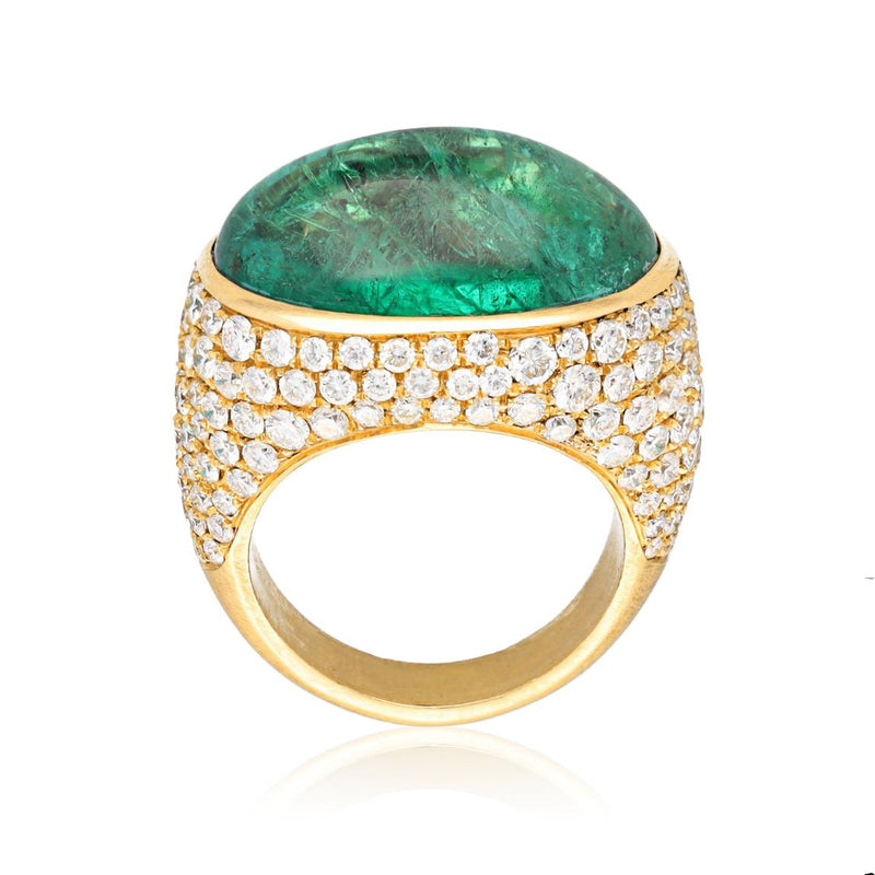 BULGARI 18K Yellow Gold Cabochon Emerald and Diamond Ring
