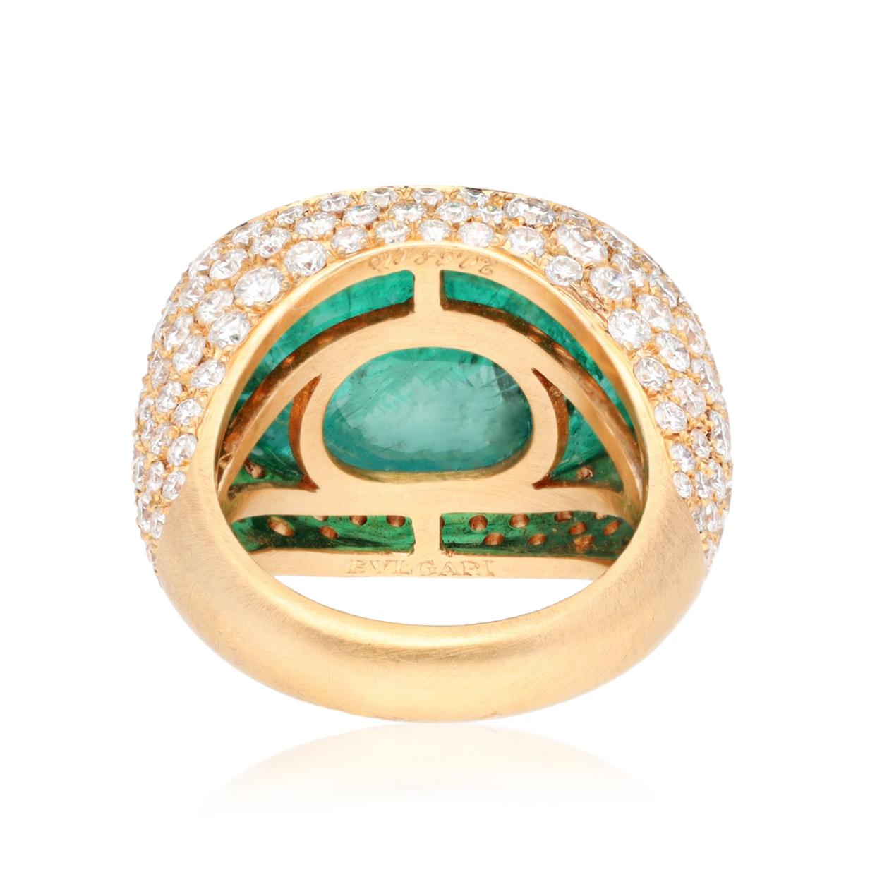 BULGARI 18K Yellow Gold Cabochon Emerald and Diamond Ring