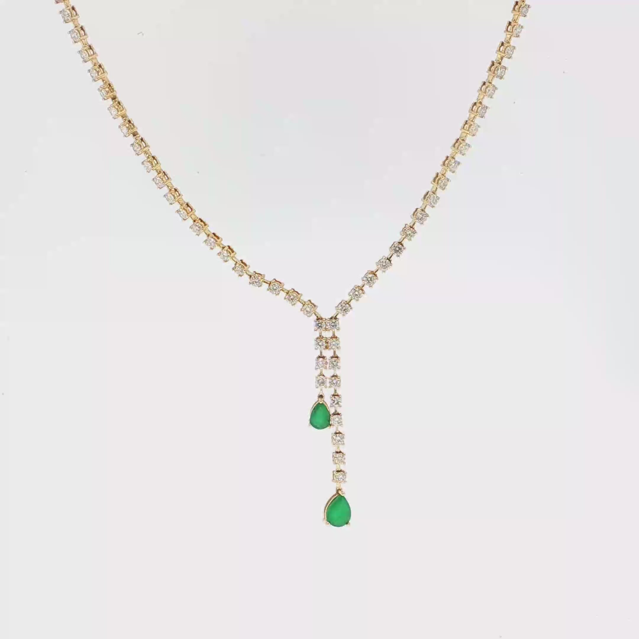 Yellow Gold Diamond Necklace with Pear-Shaped Emerald Drops