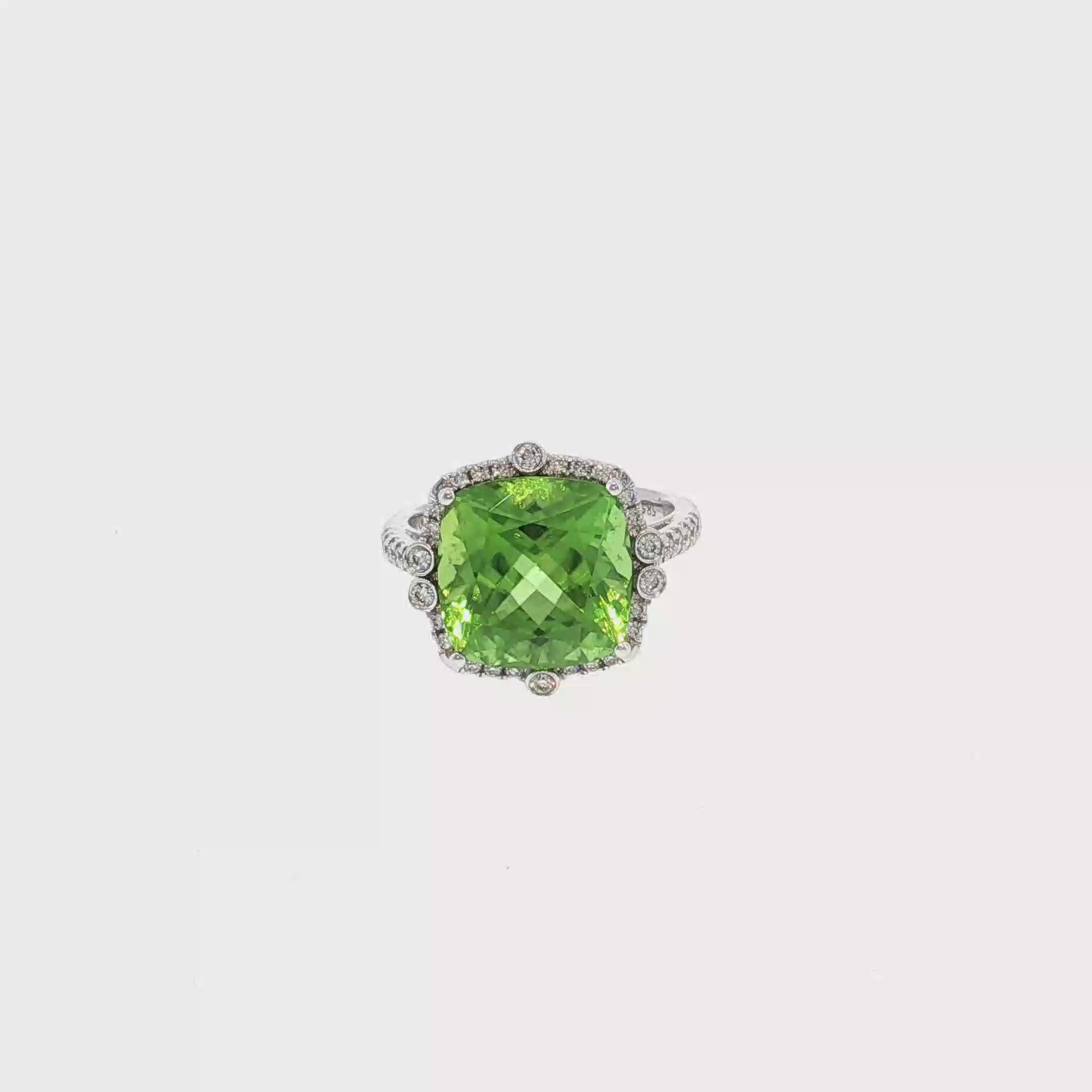 White Gold Plated Silver Cocktail Ring with Cushion Cut Peridot