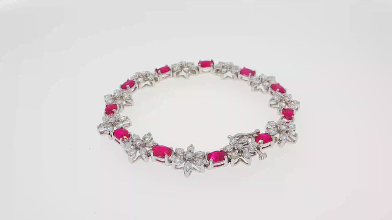 Elegant Silver Tennis Bracelet with Cabochon Ruby Gemstones