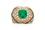 Vintage 1980s Mauboussin Emerald Ring with Diamonds and Sapphires