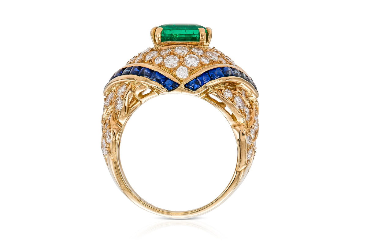 Vintage 1980s Mauboussin Emerald Ring with Diamonds and Sapphires